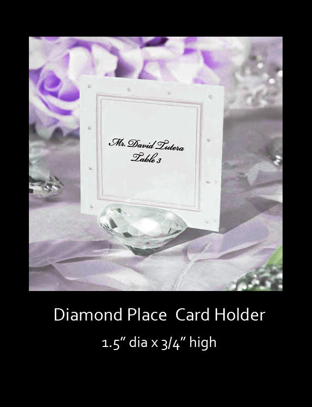 Crystal clear diamond holding displaying a place card which aids your guest in finding their assigned seats.