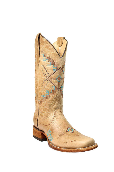 Corral Circle G Women's 12-inch Bone Southwest Embroidery Square Toe Pull-On Distressed Cowboy Boot