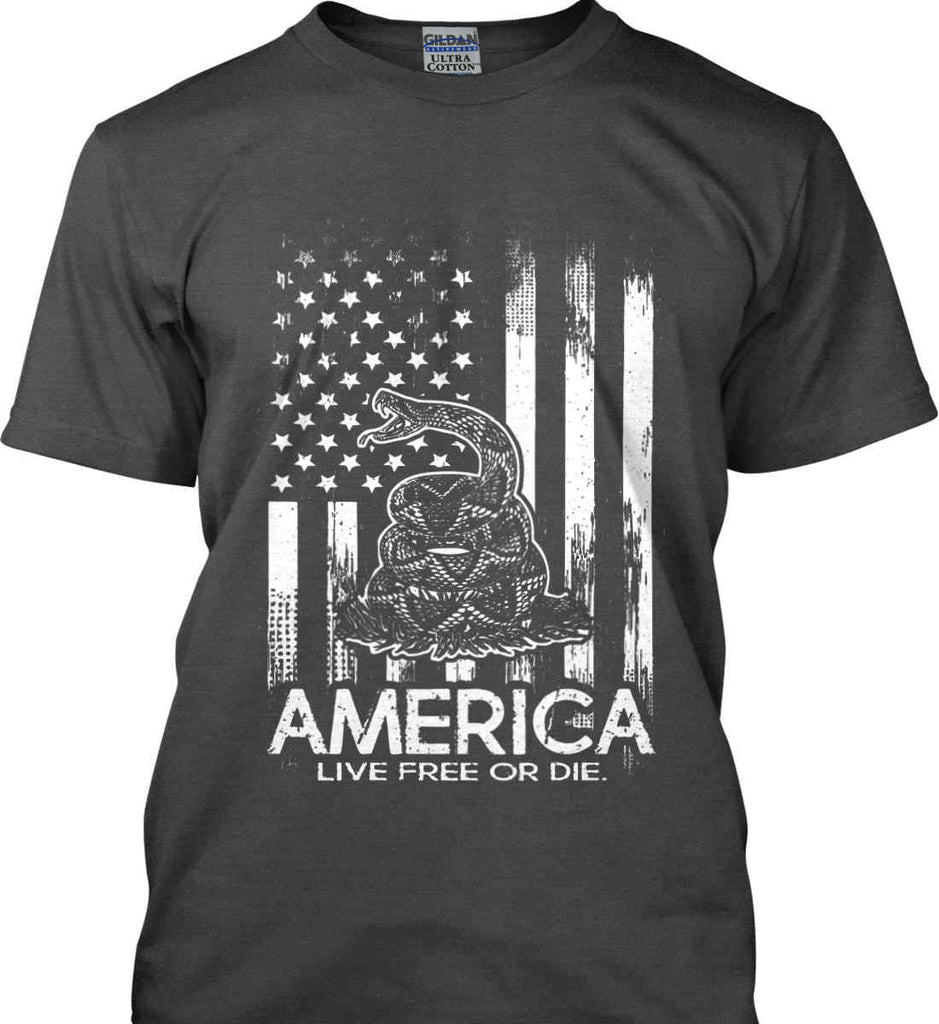 America. Live Free or Die. Don't Tread on Me. White Print. Gildan Ultra Cotton T-Shirt.-1