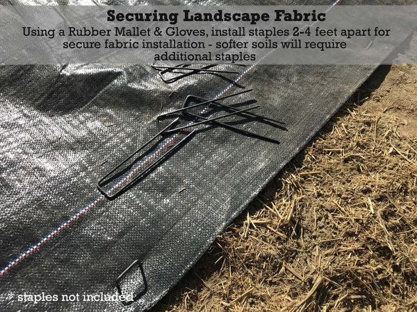 Securing Landscape Fabric: Using a rubber mallet and gloves, install staples 2-4 feet apart for secure fabric installation - softer soils will require additional staples