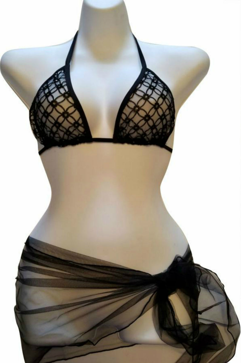 Black Sheer Sarong & Marilyn Embellished Mesh Bikini Top Sheer Swim