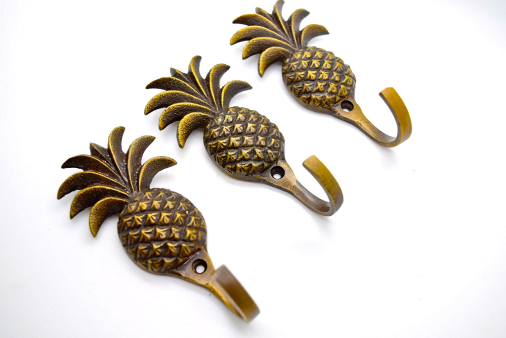 Pineapple wall hooks. Tropical decor brass door hooks