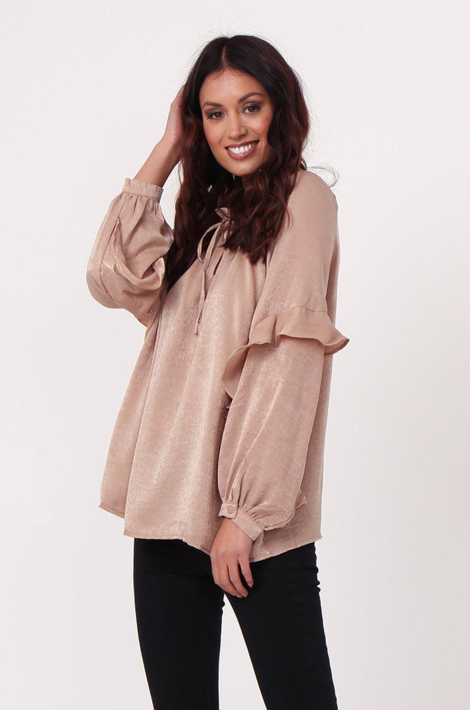 SJ0362-STONE DRAWSTRING NECK RUFFLE SLEEVE BLOUSE view 2