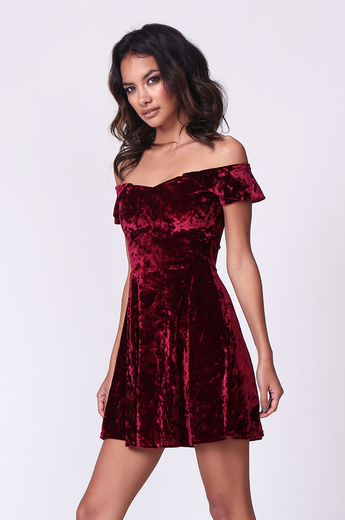 SM0179-WINE VELVET OFF SHOULDER MINI DRESS view 2