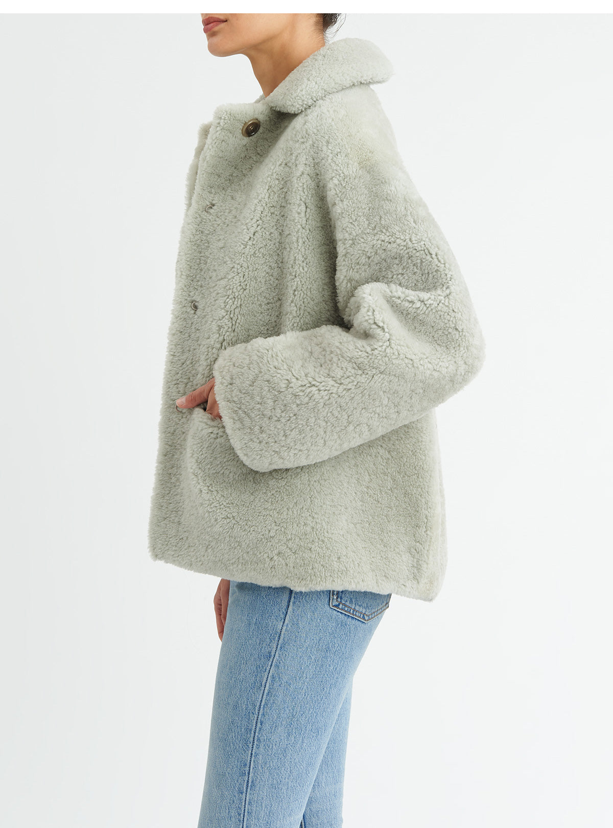 COLLARED SHEARLING JACKET, GLASS<br> PRE-ORDER