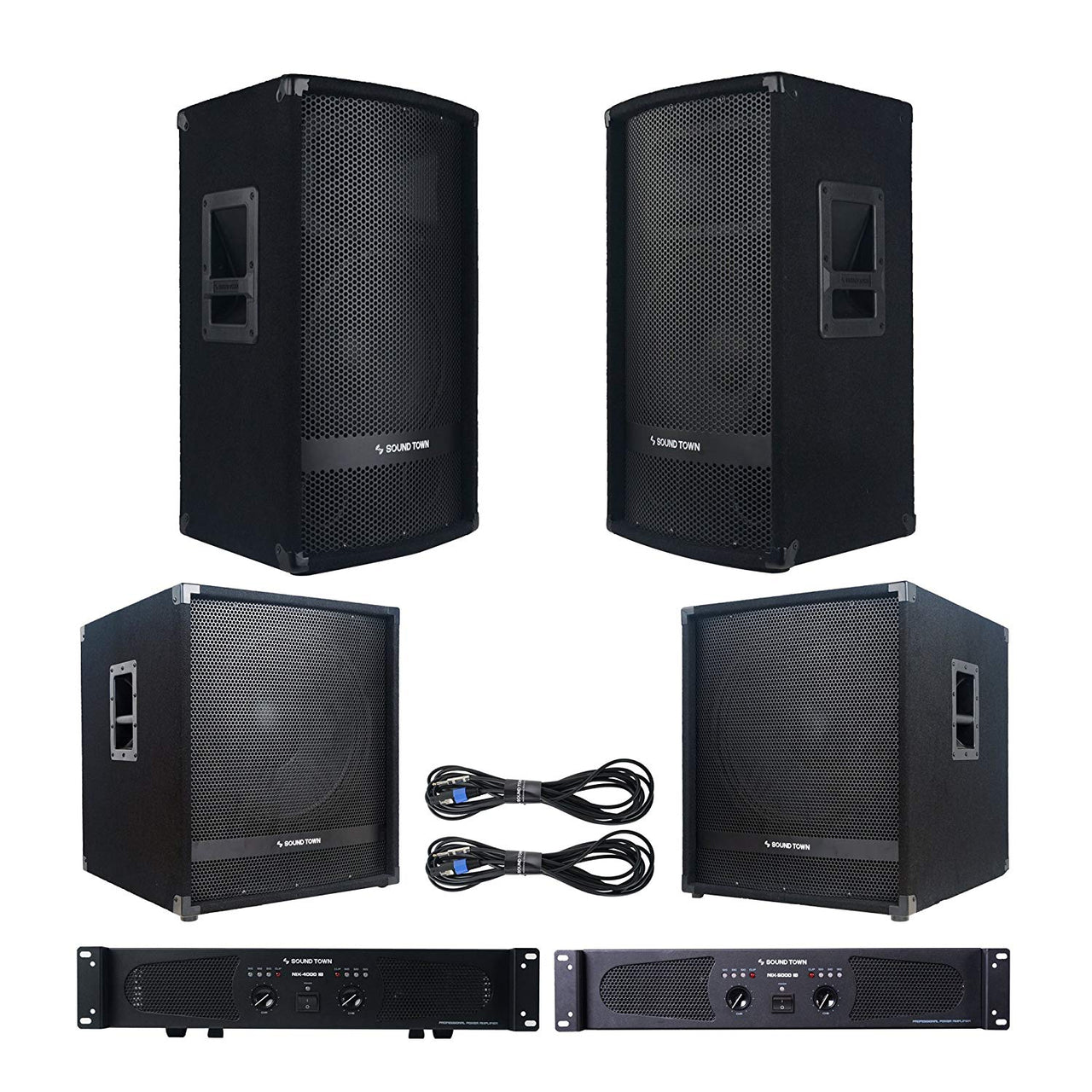 Professional PA System with 12” Full Range PA Speakers, 15” Subwoofers, Dual-Channel Amplifiers and Audio Cables (METIS-1215S-NIXS1)