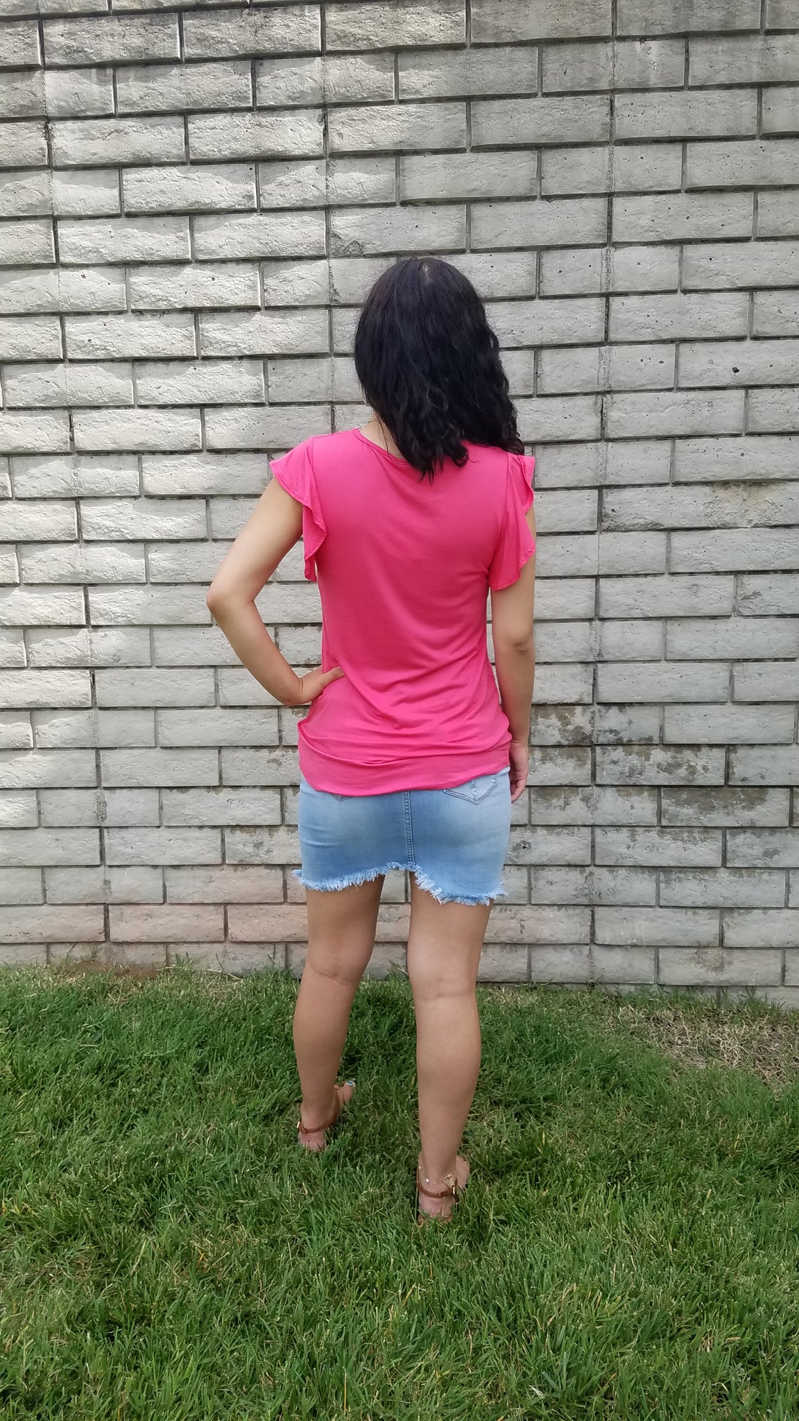 SS Fuchsia Solid Top w Ruffle Sleeves