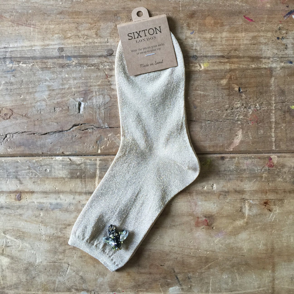 SAND/GOLD SPARKLE SOCKS - WITH BEE PIN
