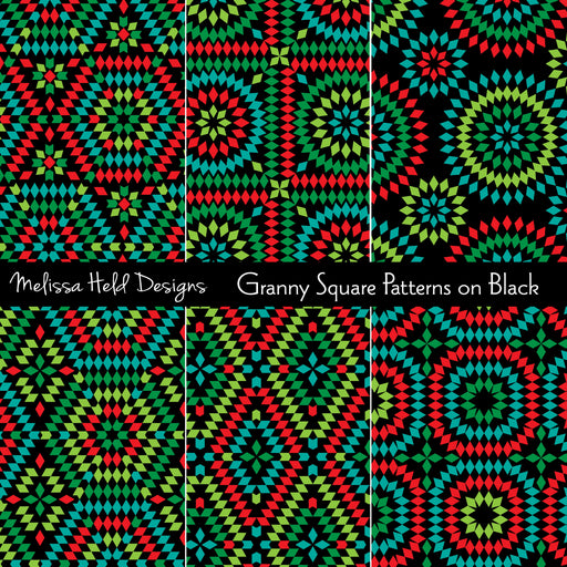 Granny Square Patterns on Black Digital Paper & Backgrounds Melissa Held Designs Mygrafico