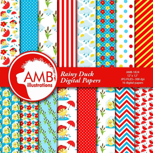 Rainy Days Digital Papers, Duck Papers, Rubber Duck Papers, Red Umbrella Papers, Cute Duck Papers, Spring Papers, Commercial Use, AMB-1824 Digital Paper & Backgrounds AMBillustrations Mygrafico