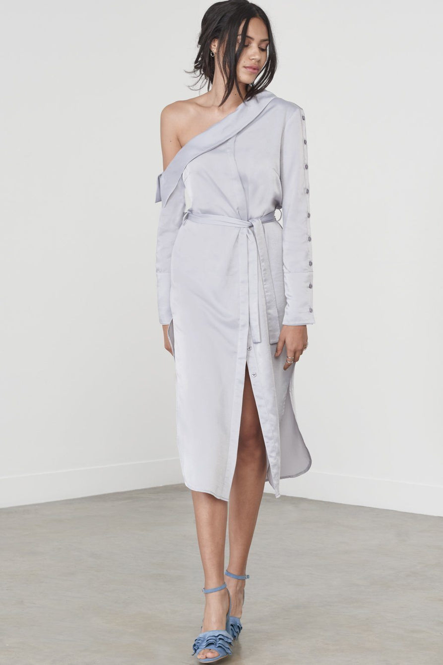 Asymmetric Button-Through Dress in Dusty Blue Satin