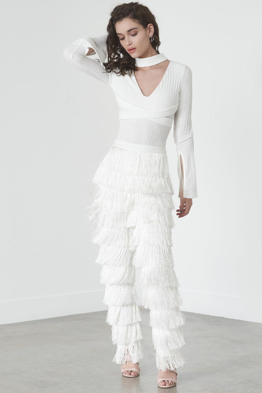 White Rib Knit Open Keyhole Neck Wrap Around Belt Split Sleeve Body