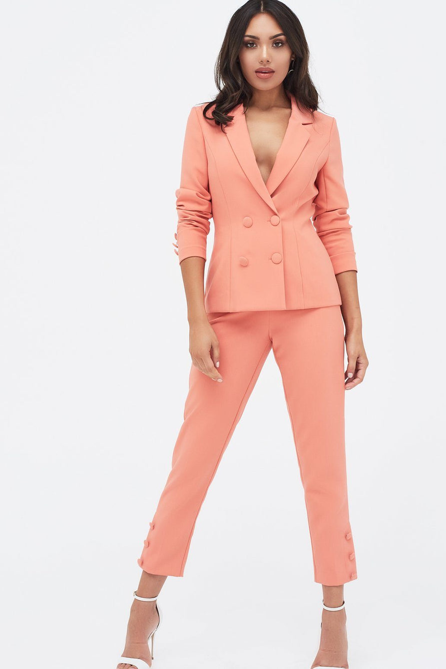 Double Breasted Self Fabric Button Blazer in Papaya