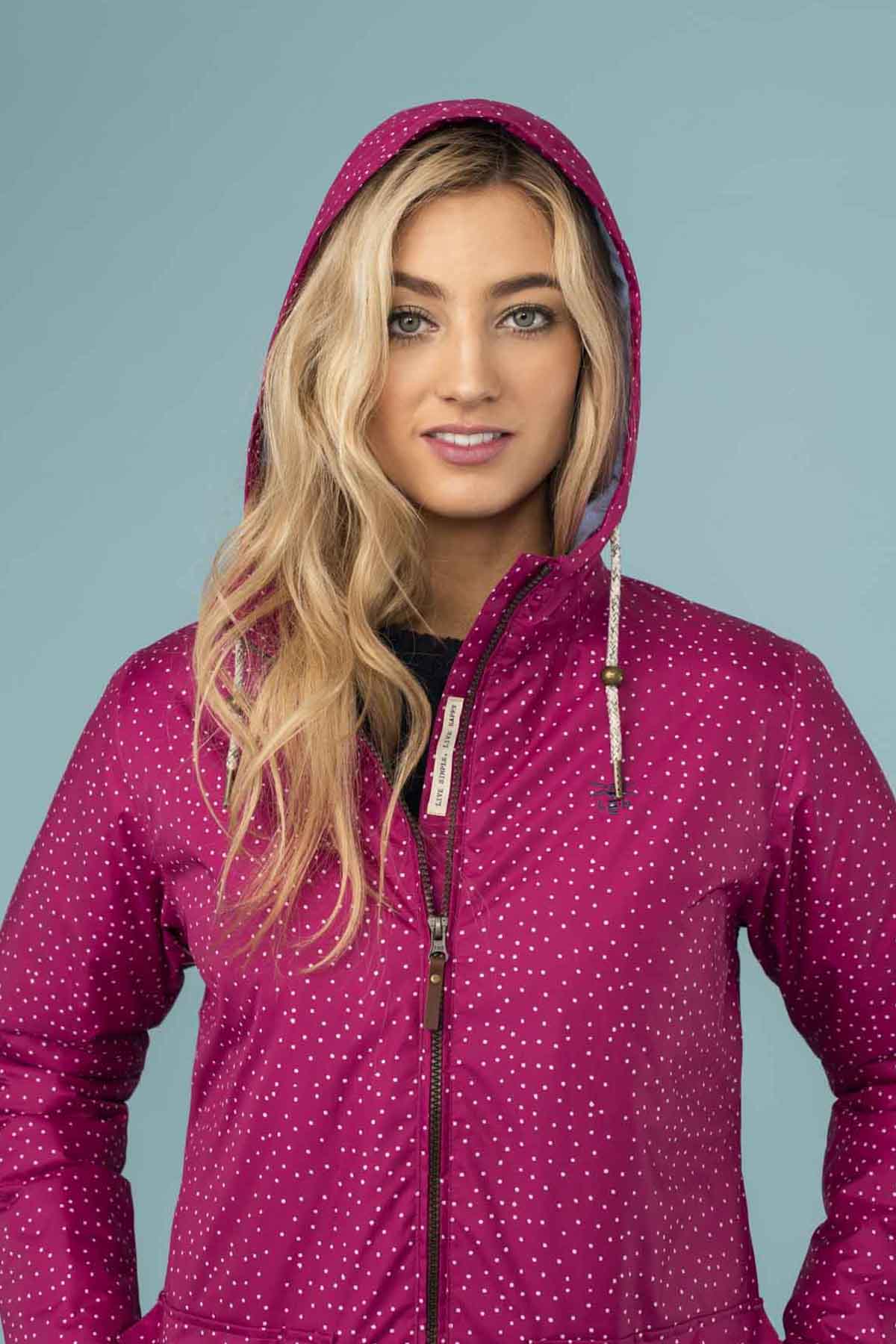 Aria Coat. Womens Raincoat in Purple Dot | Lighthouse