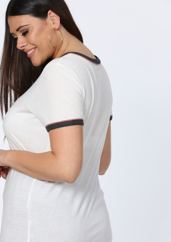Plus Size Retro Sports Binding Cream Short Sleeve T-Shirt view 4
