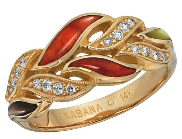 Kabana 14k Gold Ring with Multicolored Spiny Oyster, 16 Diamonds-Lema's Kokopelli Gallery