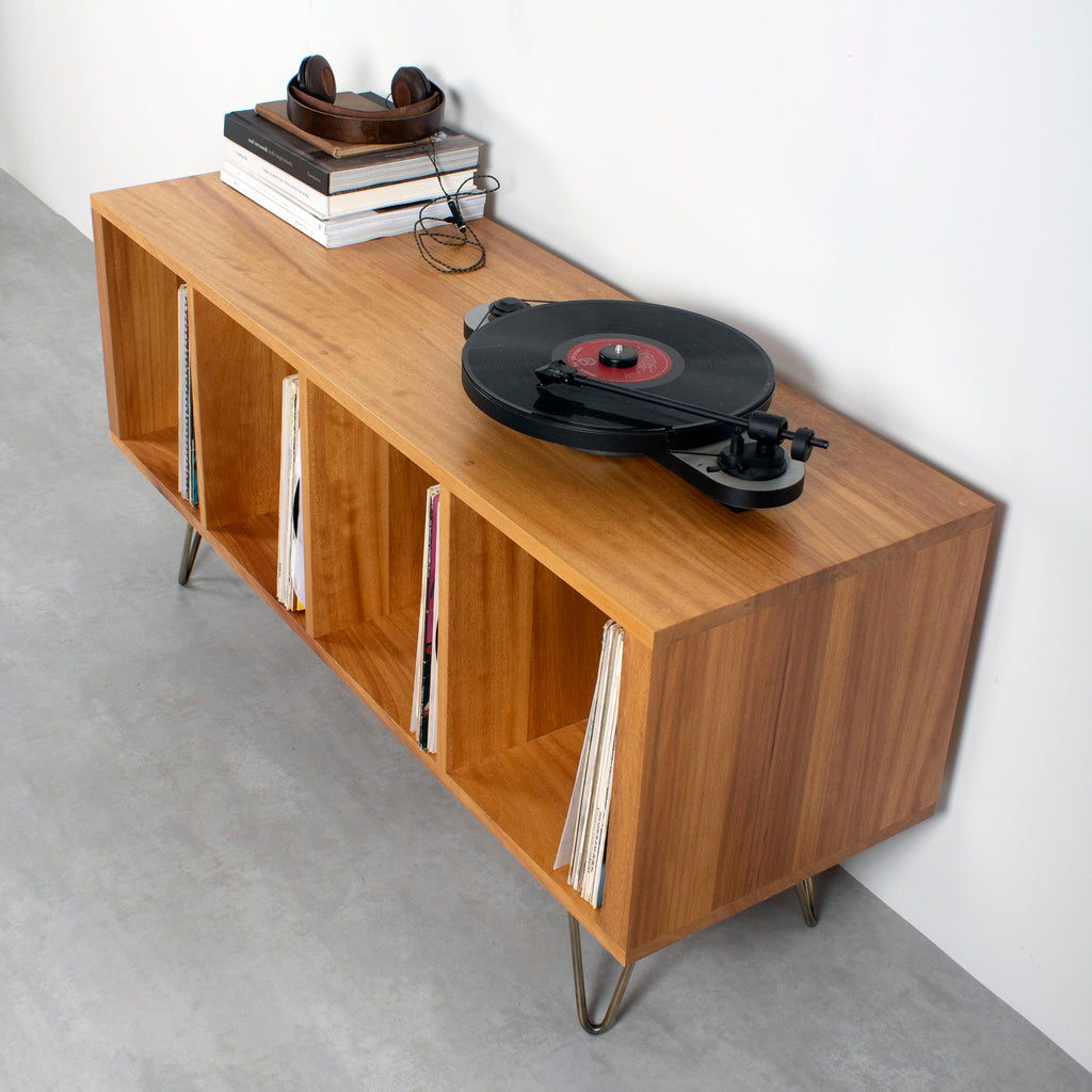 solid wood vinyl storage in iroko