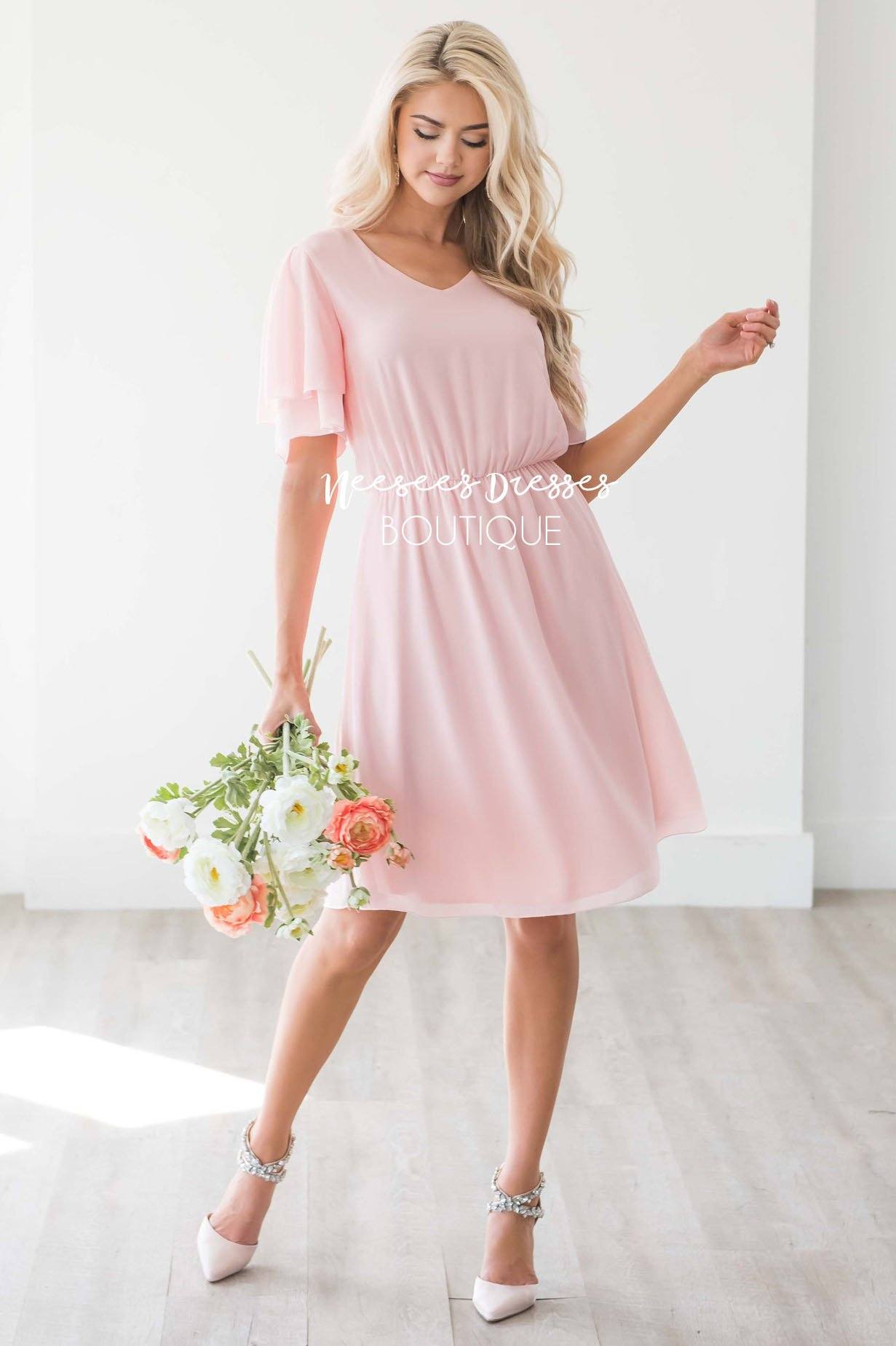 Blush Pink Chiffon Dress | Modest Bridesmaids Dresses - Neesee's Dresses
