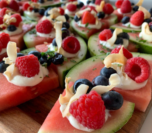 Dang Coconut Chips on watermelon pizza