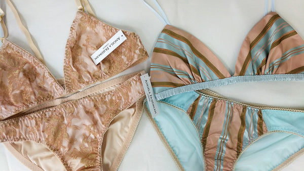 Silk and french lace luxury underwear sets, each handmade with ethical manufacturing
