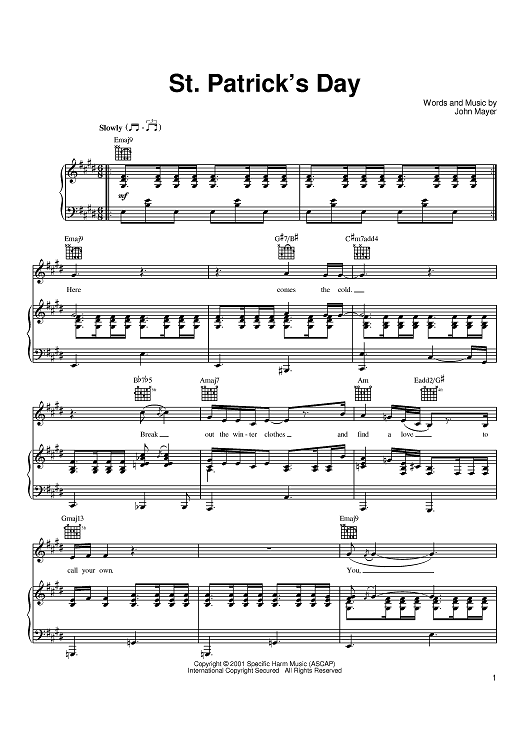 St. Patrick's Day by John Mayer scored for Piano/Vocal/Chords