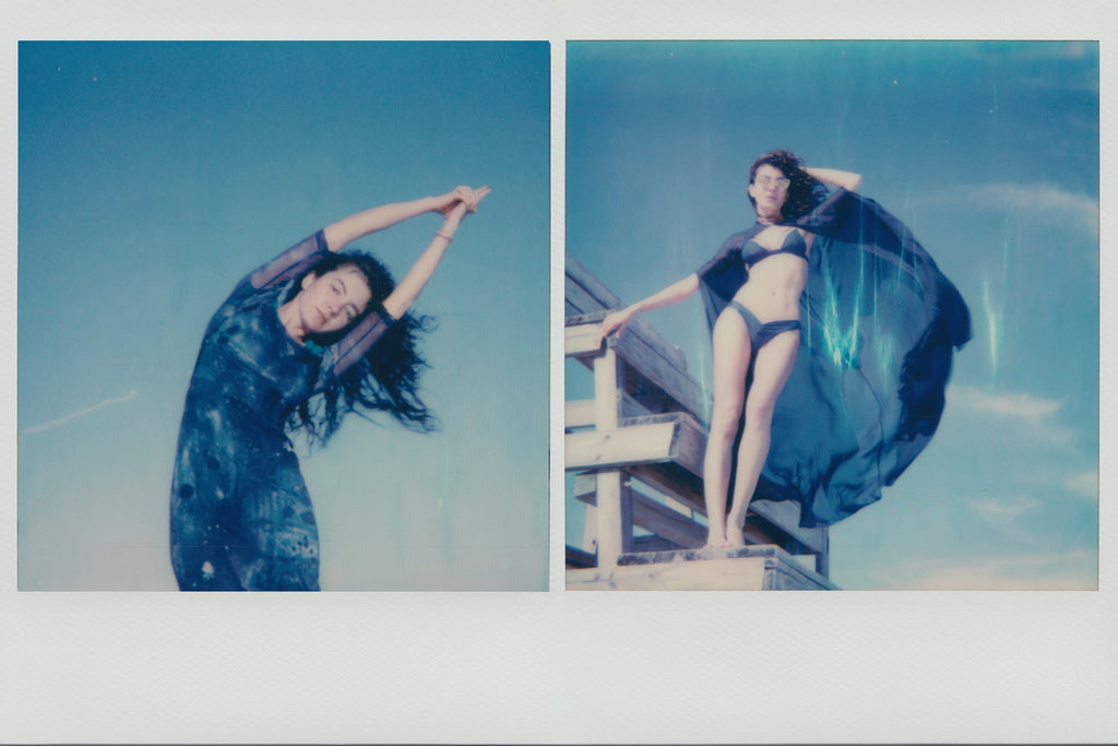 diptych of aisha gunnell at the beach in blue.
