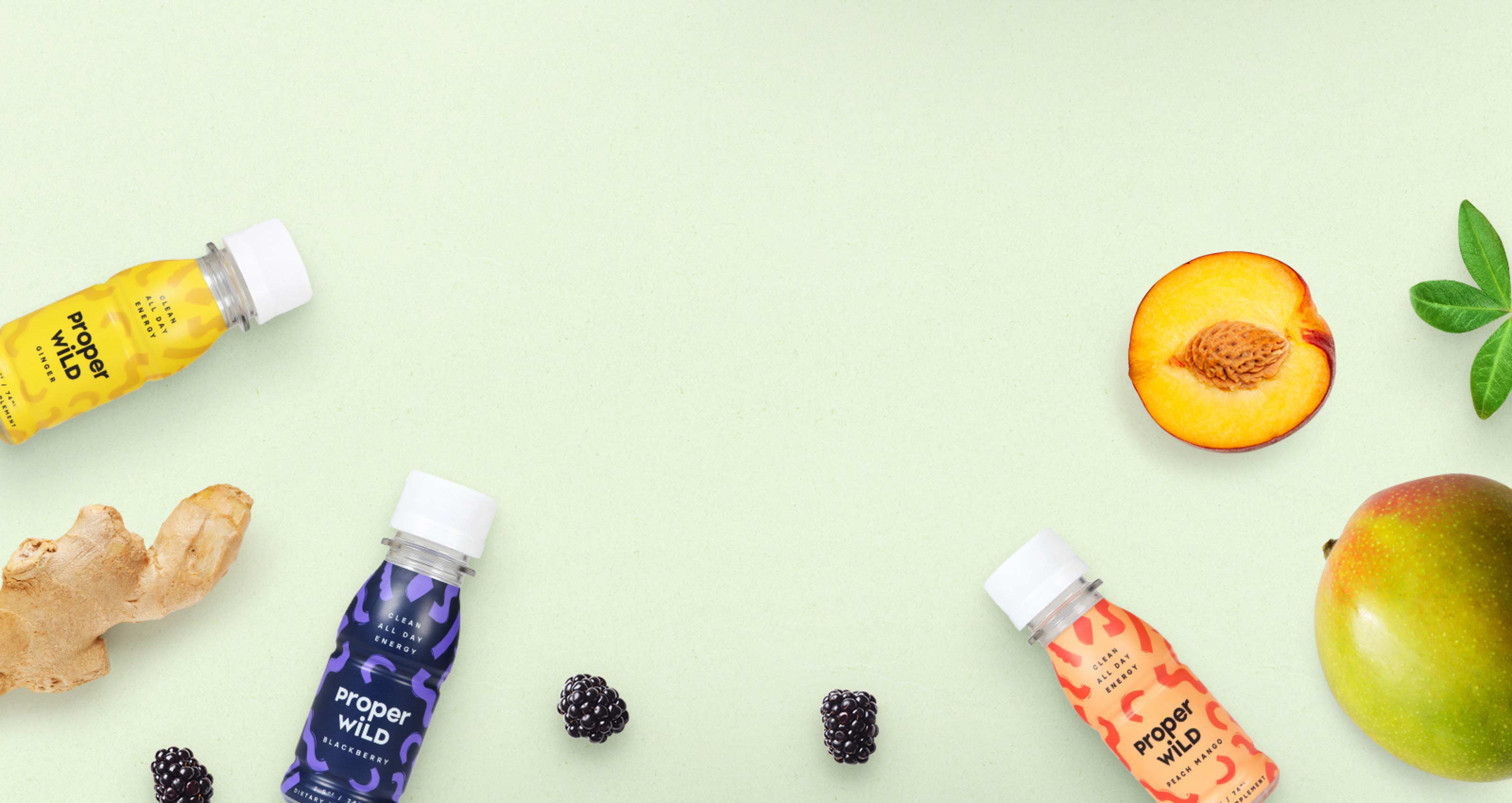 Proper Wild's clean energy shots with clean ingredients like peaches, mangoes, blackberries and ginger