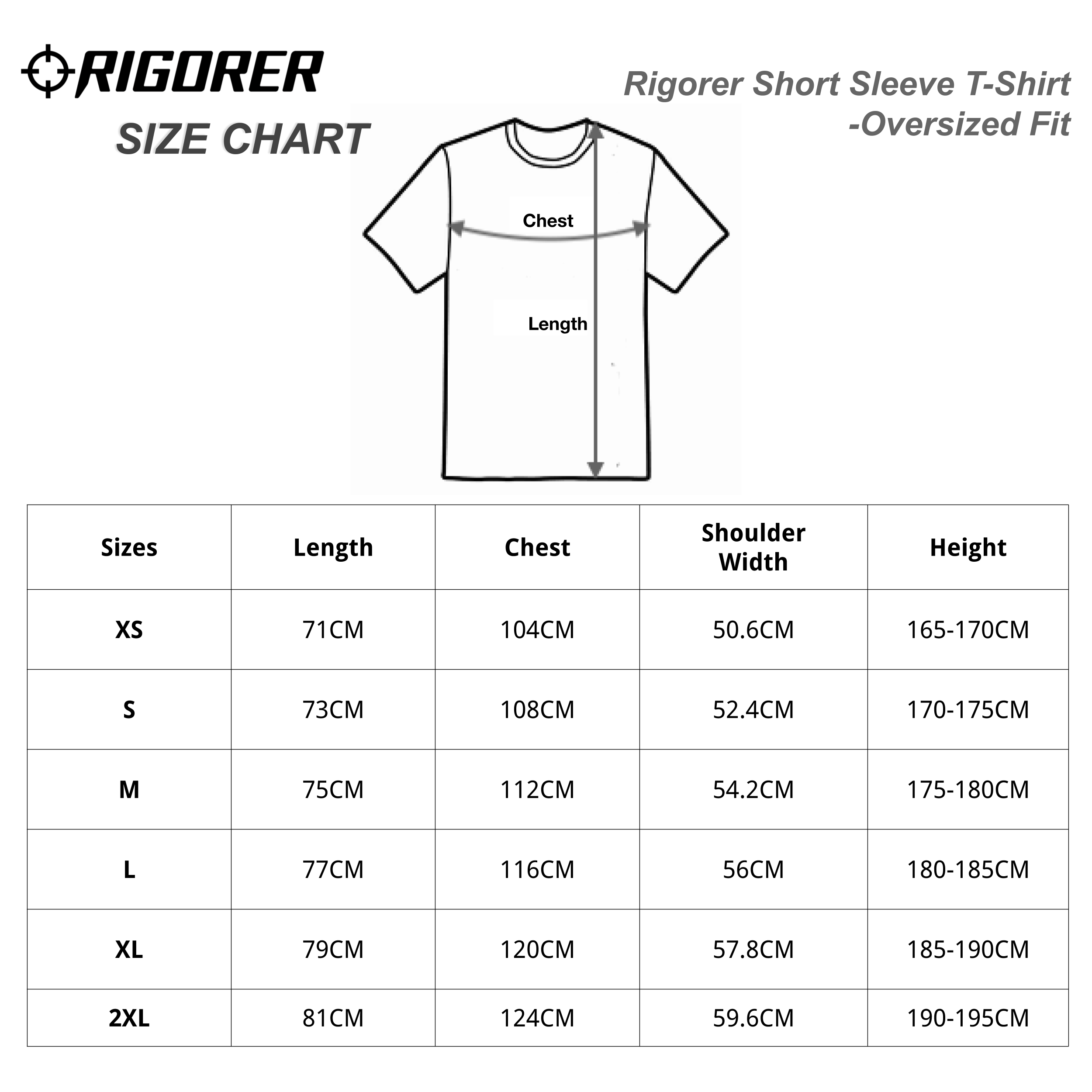 Rigorer Short Sleeve T-Shirt -Oversized Fit Sizing Chart