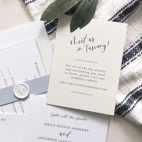 Tuscan wedding invitation, details card, reception card, destination wedding