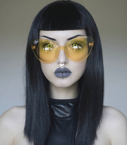 Obsidian one of our fav goth models, wearing the vampish vulgati bubble sunglasses