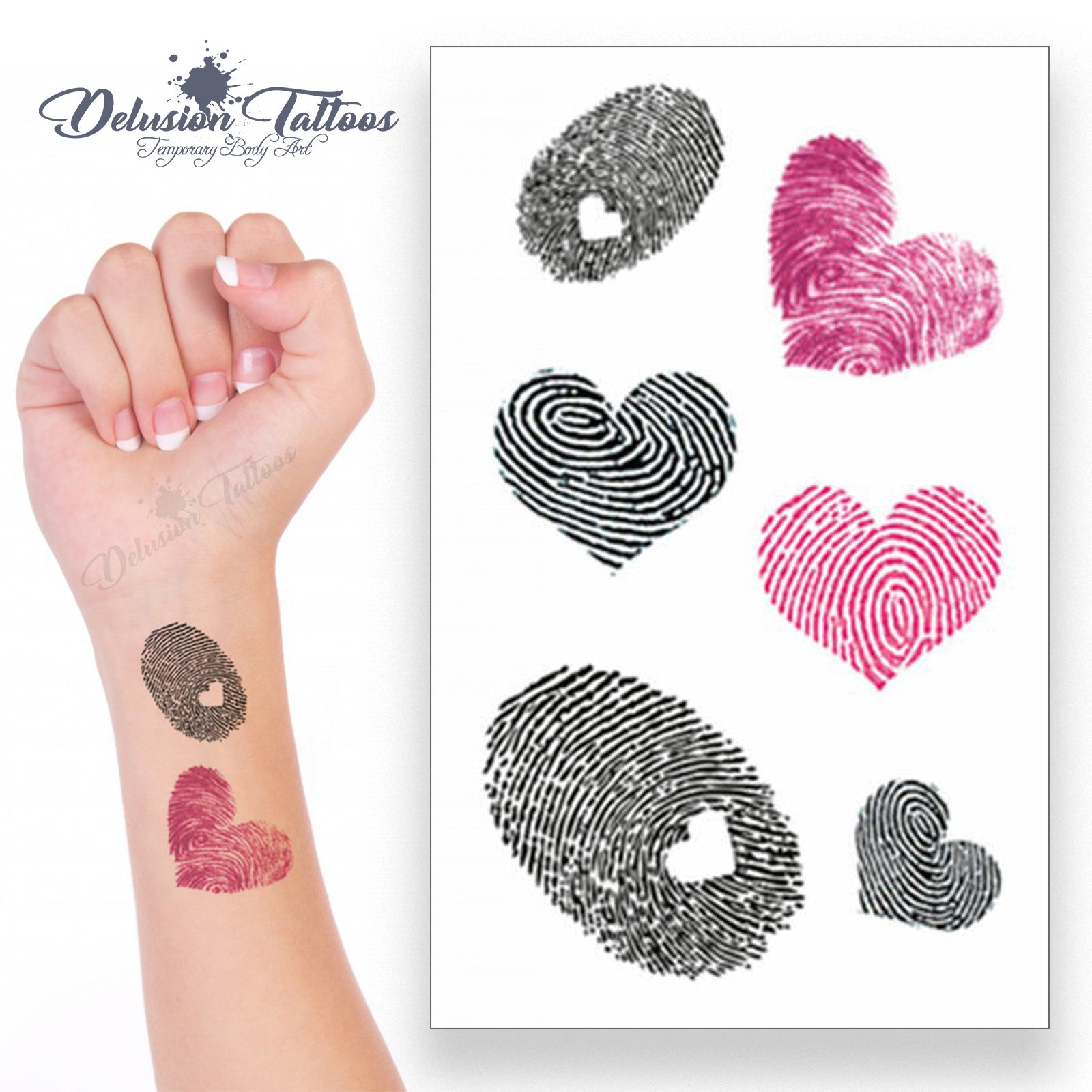 Fingerprint Hearts Temporary Tattoo Set Small Black Pink Waterproof Womens Hq Ebay