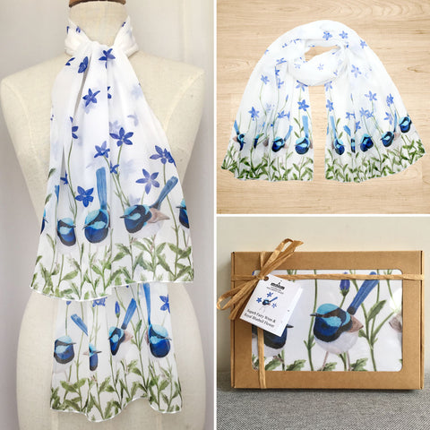 Superb Fairy Wren Scarf with Royal Blue Bells