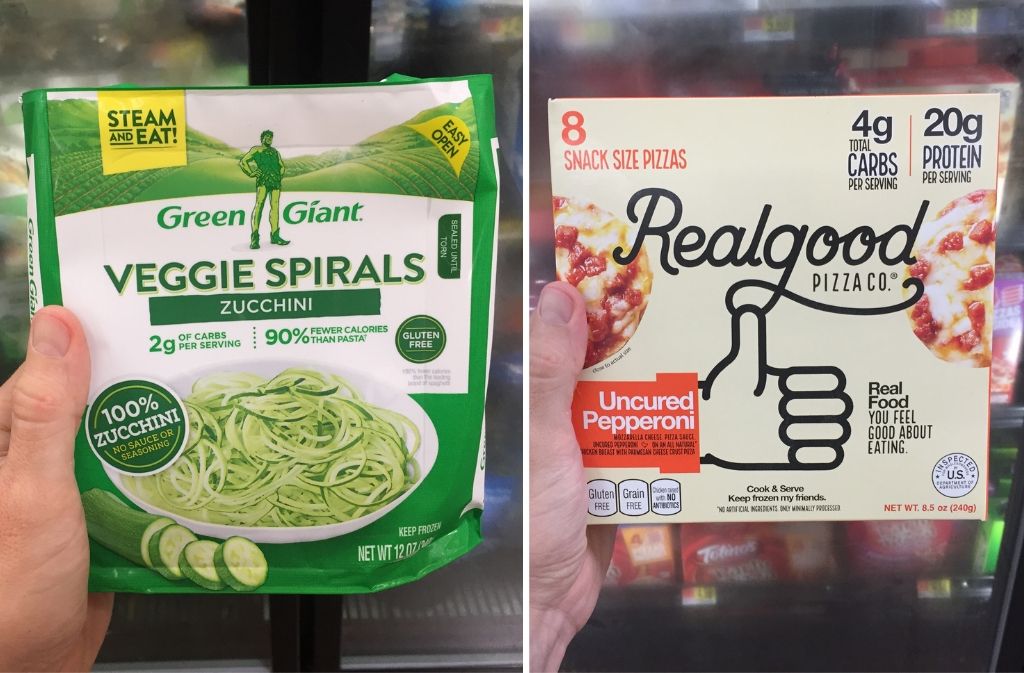 veggie zucchini spirals beside a box of realgood pizza co snack pizzas