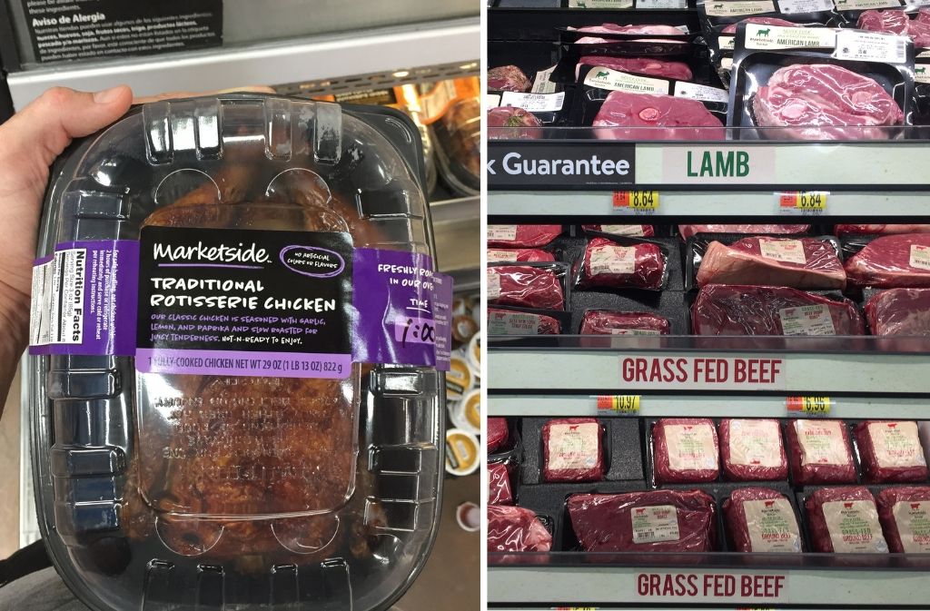 marketside rotisserie chicken beside a photo of Walmart meat display