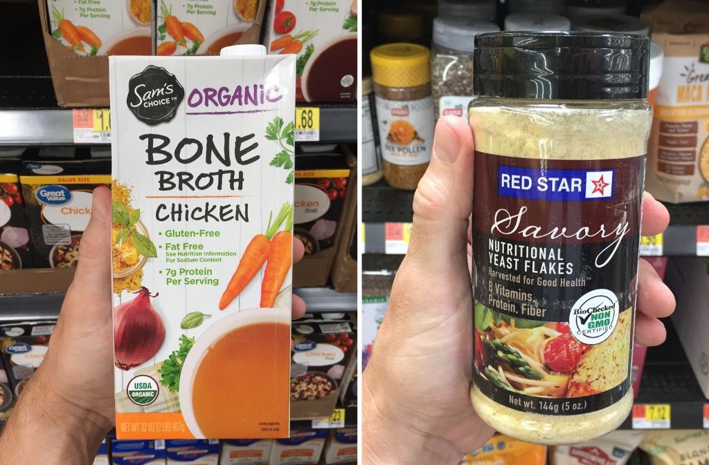 sam's club organic chicken bone broth carton next to a container of nutritional yeast flakes