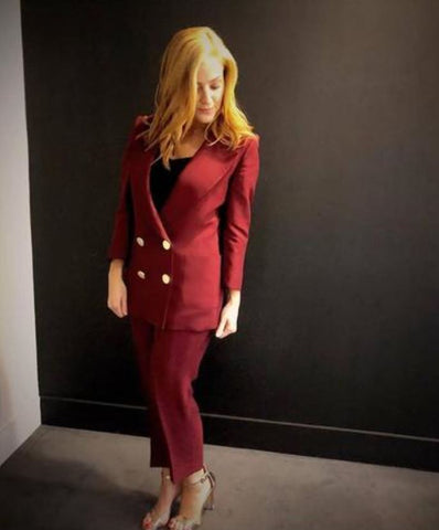 Sarah-Jane Mee in burgundy trouser suit by Bozena Jankowska 