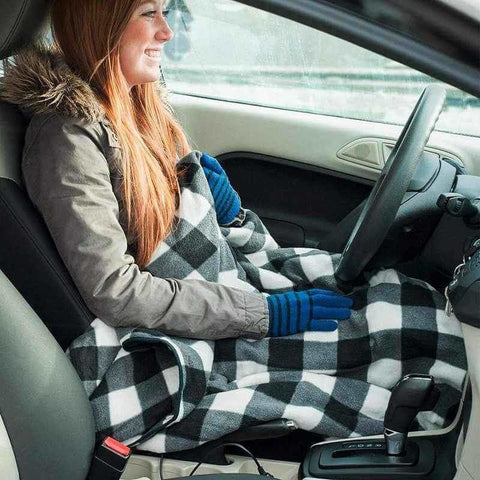 The Heated Car Travel Blanket is made of super cozy plush material and perfect for cooler temperatures