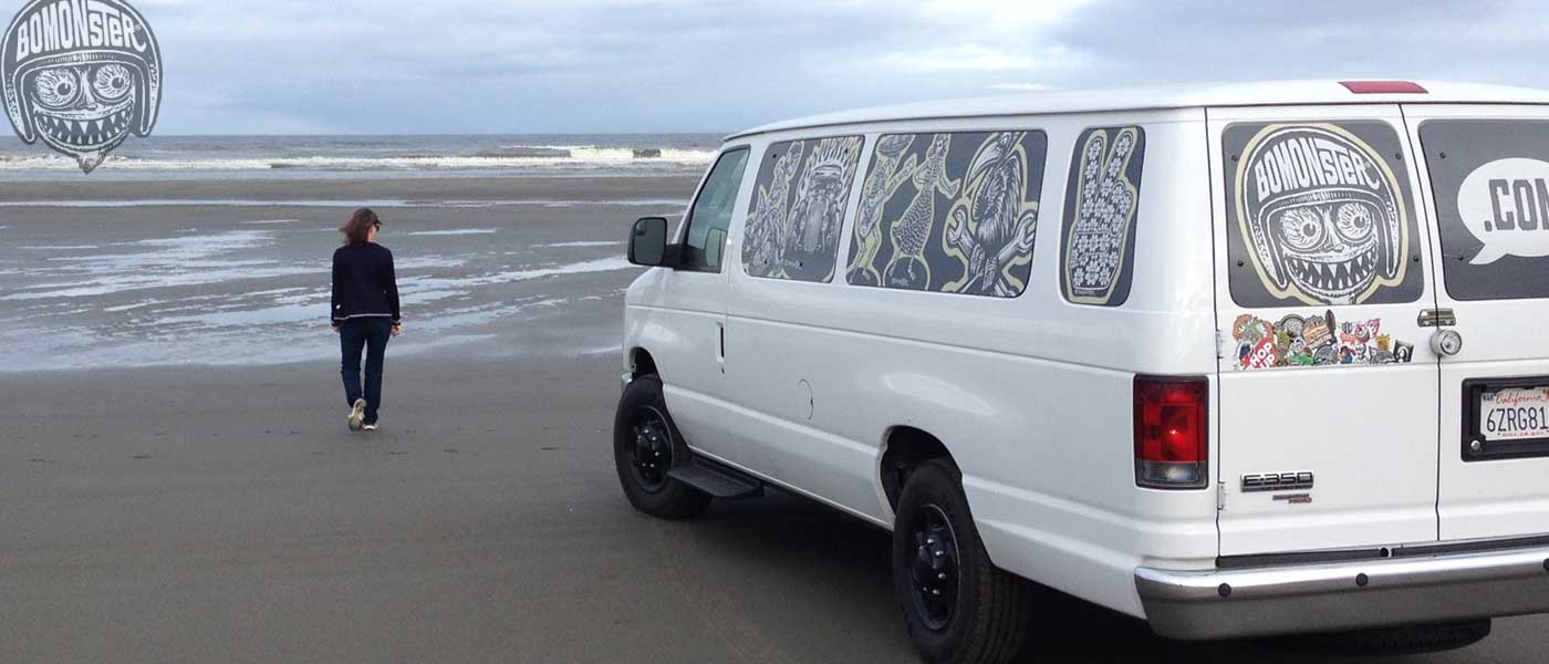 mrs bomonster and the bomonster van on the beach at ocean shores washington