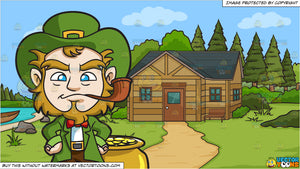 A Leprechaun Smoking A Pipe And A Cabin In The Woods Background