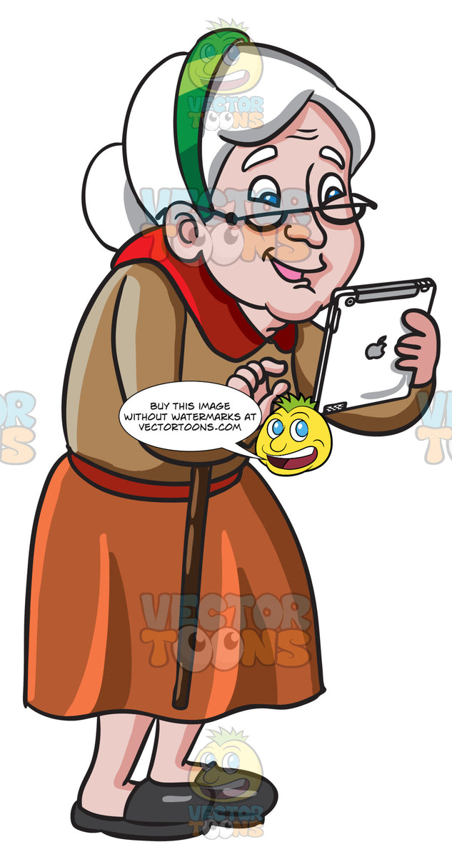 An Old Woman Playing Games In Her Mobile Tablet  Clipart -4476