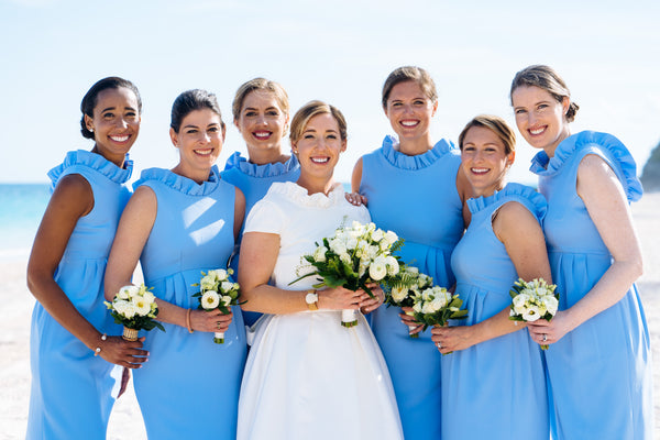 Katy in the Alexandria Wedding Gown & her bridesmaids in the Go Go Gown in Periwinkle
