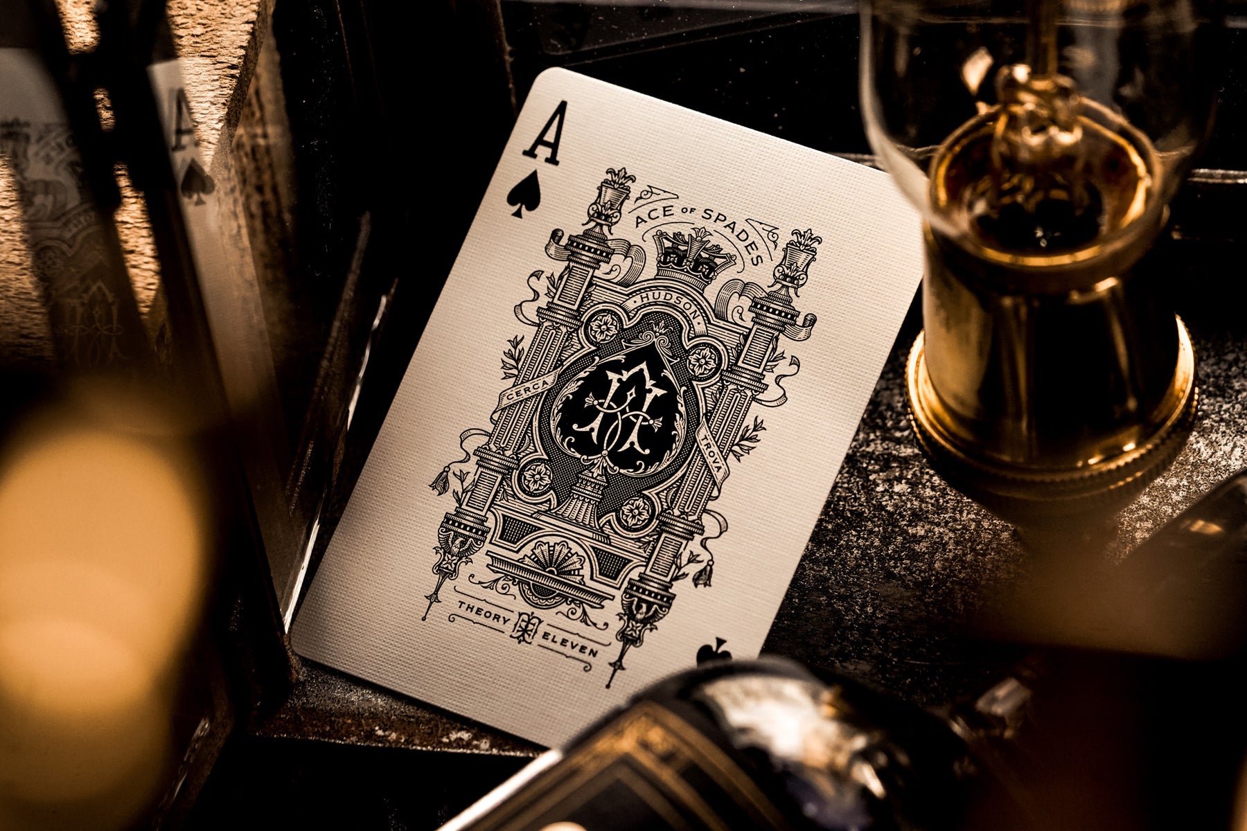 Close up photograph of Theory11 ace of spade playing card from the "Hudson" deck.