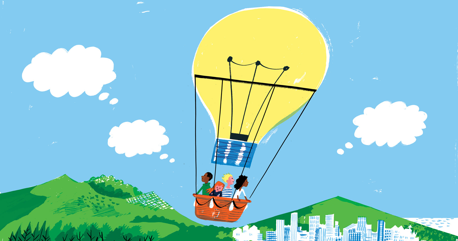 Illustration of a group of kids 6-9 years old, in an air balloon that is travelling over a countryside and a cityscape, but the air balloon is made out of a lightbulb to illustrate their ideas.