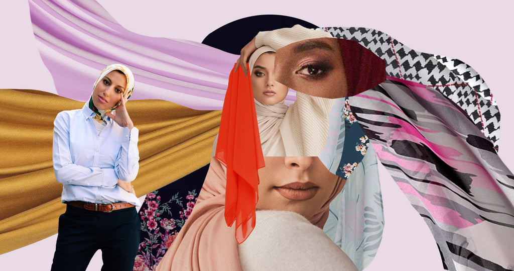 高级头巾的创始人Melanie Elturk的肖像，她旁边是各种头巾的拼贴色板。