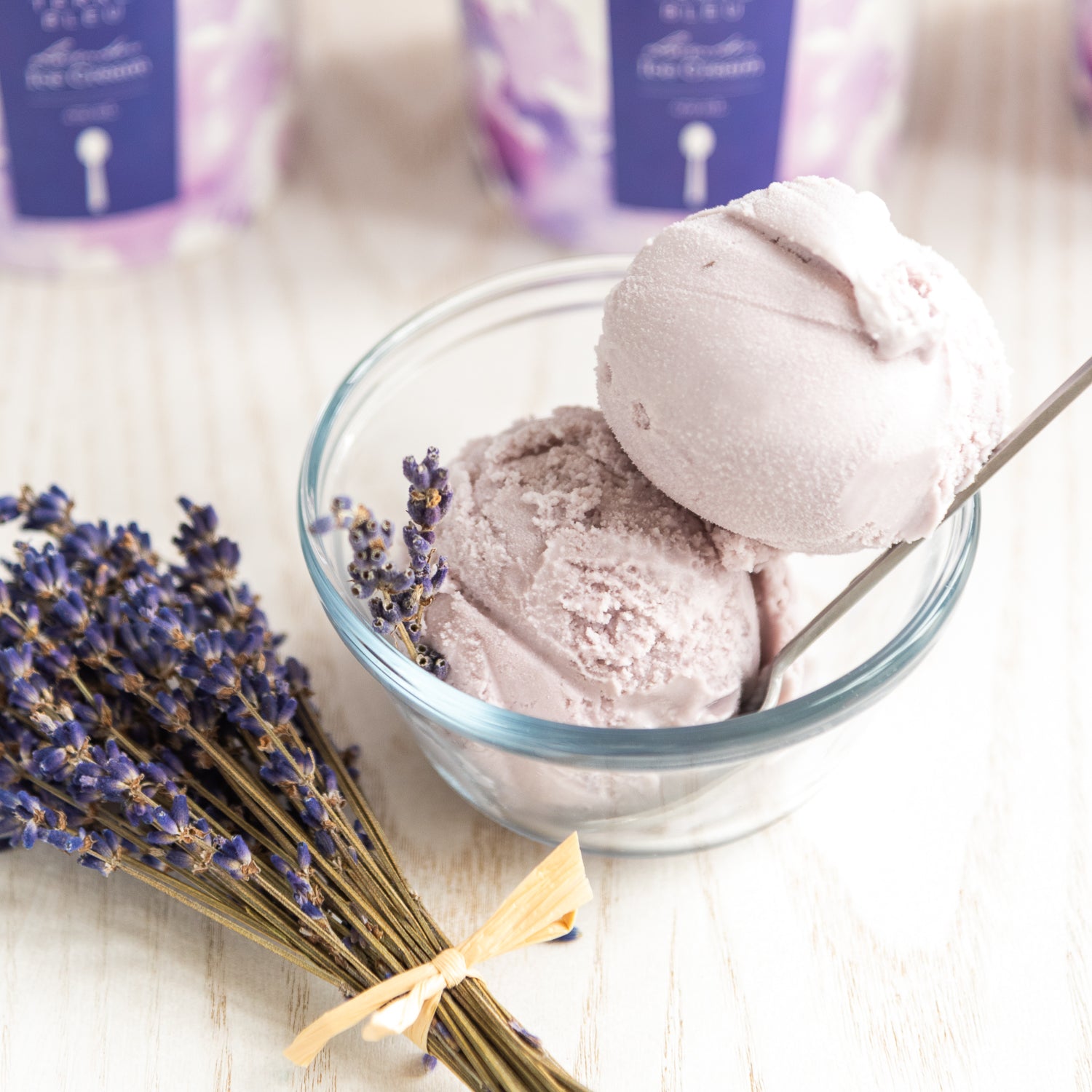 Lavender ice-cream in pint containers from Terre Bleu. 