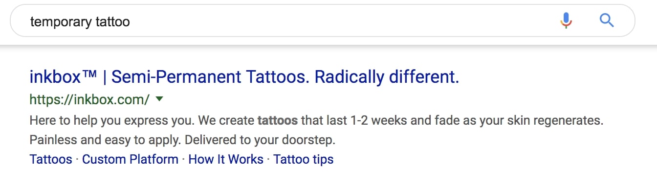 search engine listing for inkbox ranking for temporary tattoo