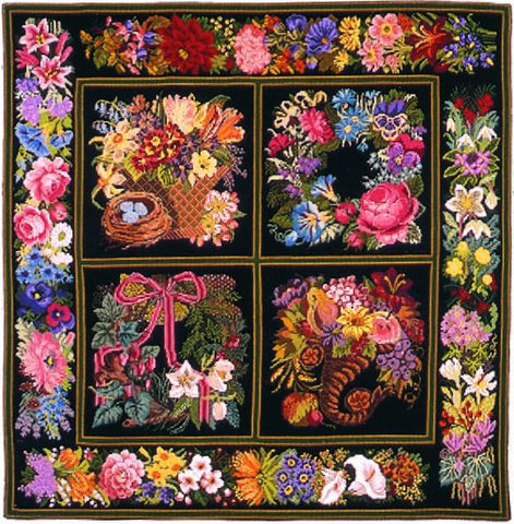 Four panel needlepoint tapestry with bell pull border