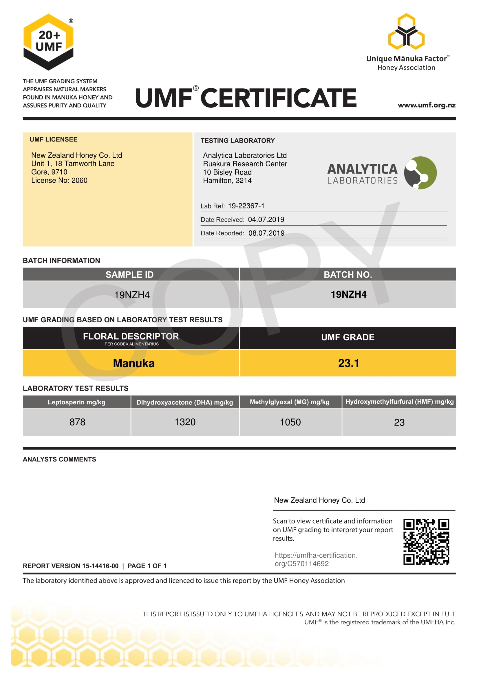 Manuka Honey UMF Certificate for LOT 19NZH4