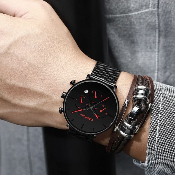 Front facing image black of Cazonia Dress Minimalist Watch with red market in gray background