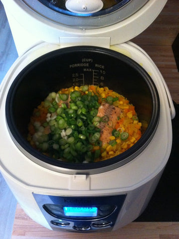 Lachs Gemüse Reis im Reiskocher Multikocher KRC-140 KeMar Kitchenware